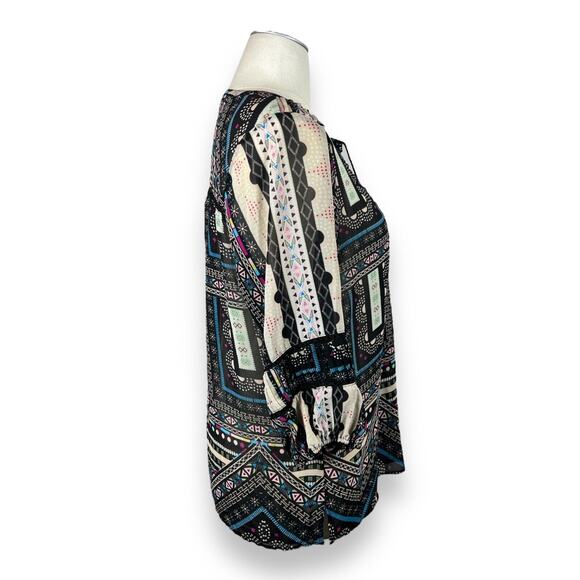 Democracy Sheer Black Blue Boho Print Chiffon Tassel Western Blouse 1X - Picture 2 of 11